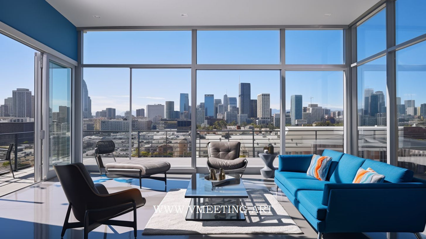 Blue-Toned Condo Overlooking Cityscape - Virtual Background Image for Zoom and Teams Meetings