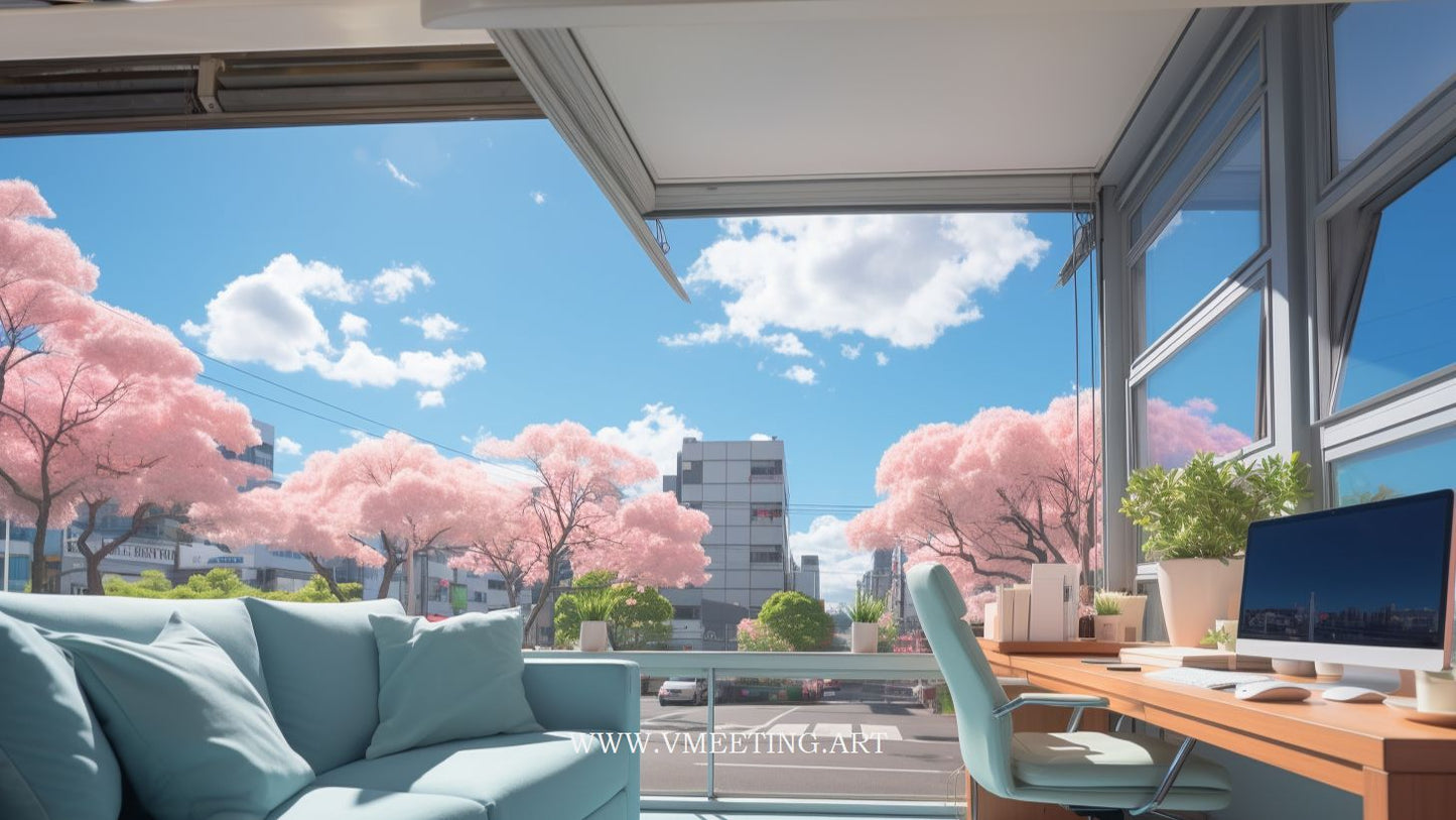 Cherry Blossom Views: Sunny Balcony Office - Virtual Background Image for Zoom and Teams Meetings