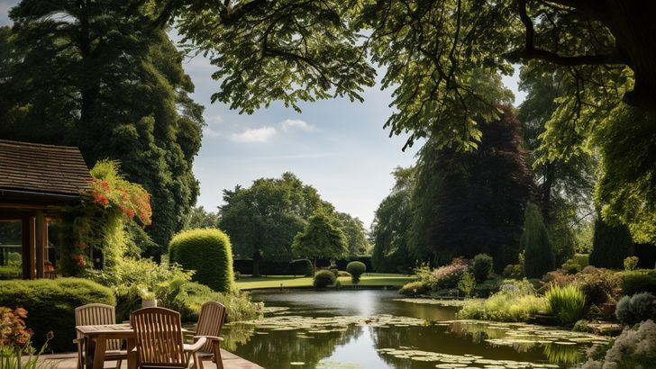 Tranquil Pond Patio - Virtual Background Image for Zoom and Teams Meetings