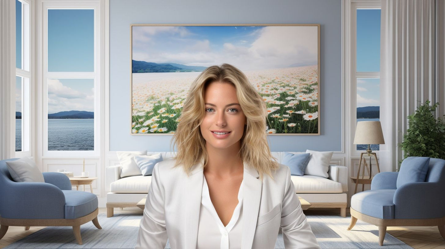 Blue & White Modern Living Room - FREE Virtual Background Image for Zoom and Teams Meetings