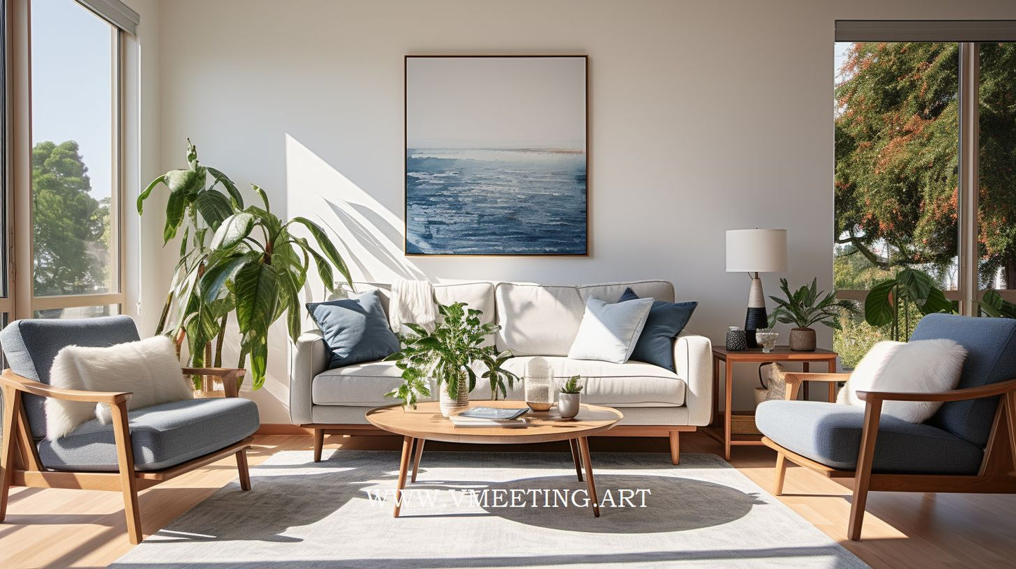 Bright and Cozy Modern Living Oasis in Blue & White - Virtual Background Image for Zoom and Teams Meetings