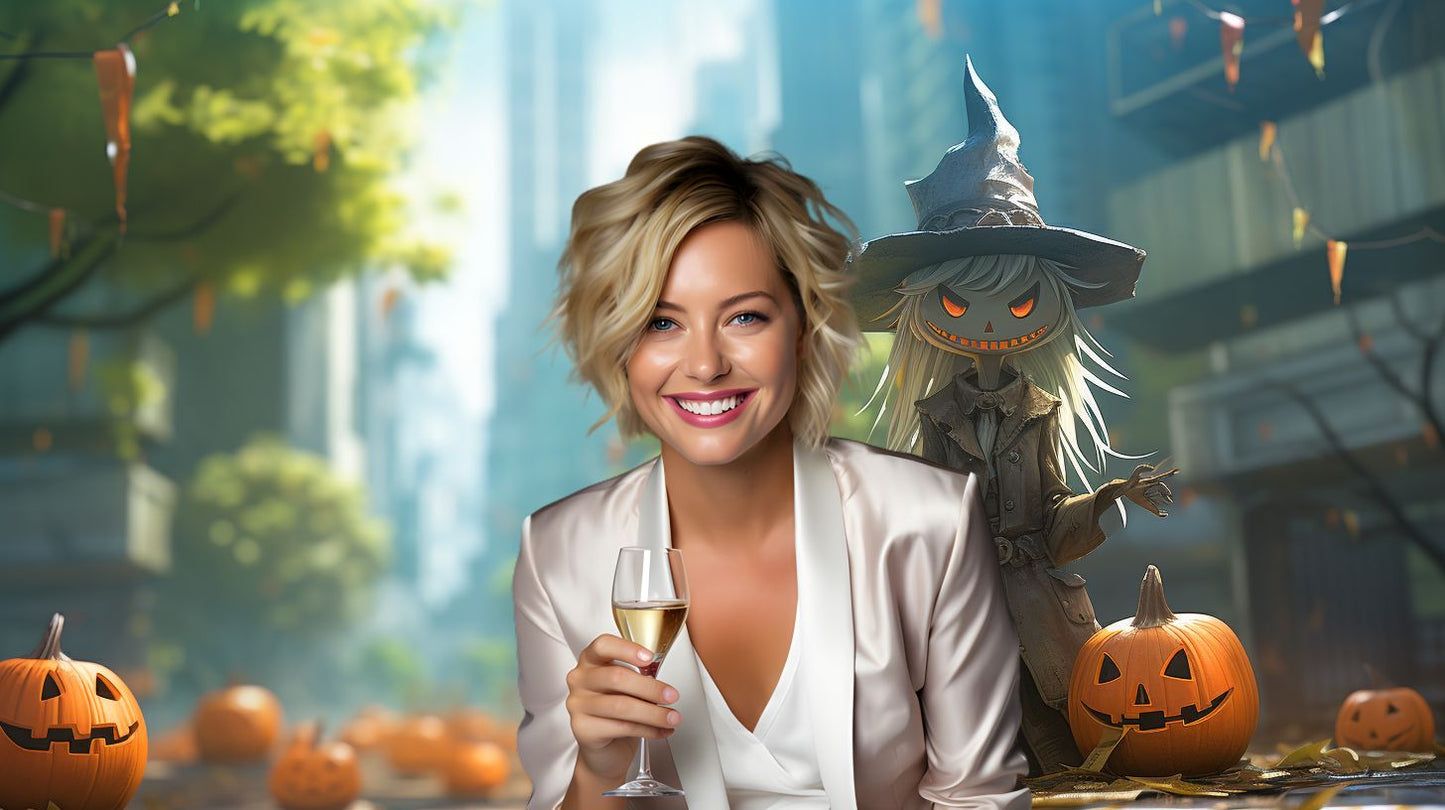 Adorable Witch and Gleaming Pumpkins - Virtual Background Image for Zoom and Teams Meetings