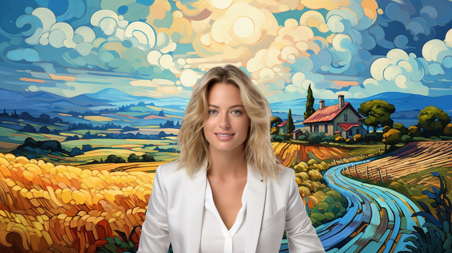 Golden Harvest Dream: A Van Gogh-Influenced Farm Panorama: Virtual Background Image for Zoom and Teams Meetings