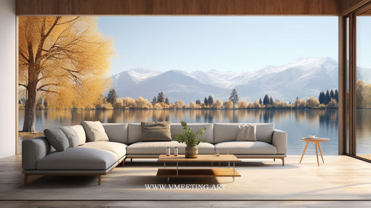 Modern Minimalist Patio Overlooking a Majestic Lake - Premium Virtual Background