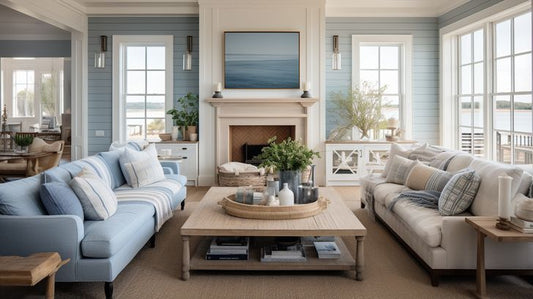 Serene Lakeview: Light Blue Modern Living Room Oasis - Virtual Background Image for Zoom and Teams Meetings