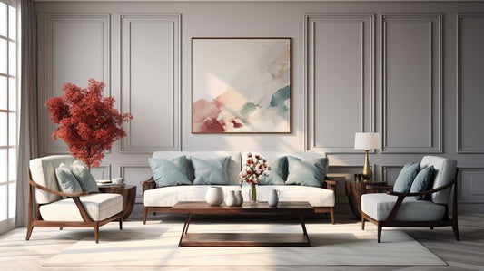 Modern Luxe Living: Radiant White Living Room & Abstract Artistry - Virtual Background Image for Zoom and Teams Meetings