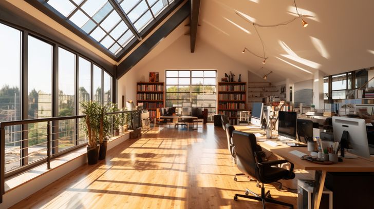 Aerial Elegance: Spacious Attic Office Virtual Background Image for Zoom and Teams Meetings
