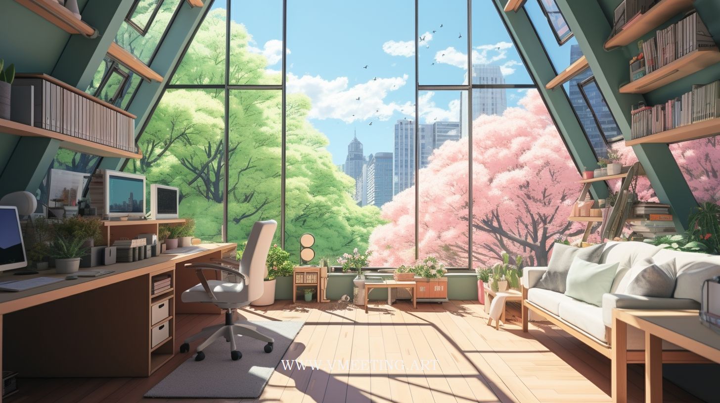 Sunlit Spring Home Office with City & Blossom – Virtual Background Ima ...