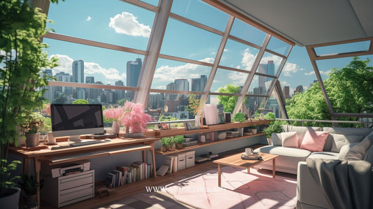 Digital Art of Cozy Home Office Overlooking Cityscape - Virtual Background Image for Zoom and Teams Meetings