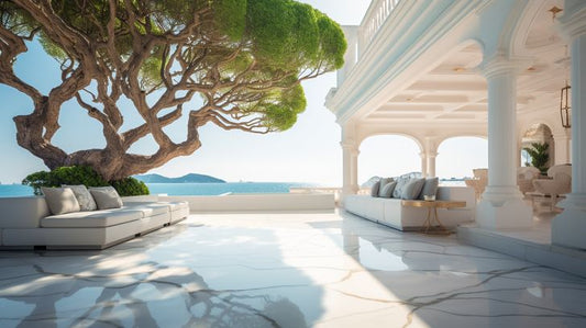 White Villa Seaside Elegance: Panoramic Ocean and Mountain Views - Virtual Background Image for Zoom and Teams Meetings