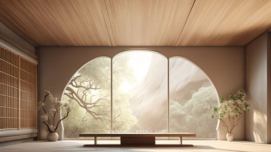 Sunlit Bamboo Retreat: Beige Zen Room with Verdant Views – Virtual Background Image for Zoom and Teams Meetings