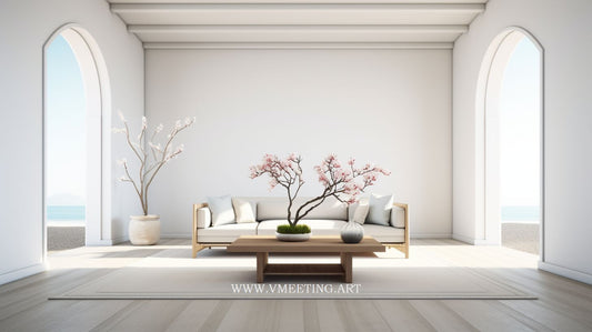 Seaside Serenity: Beachside White Room with Bonsai – Virtual Background Image for Zoom and Teams Meetings