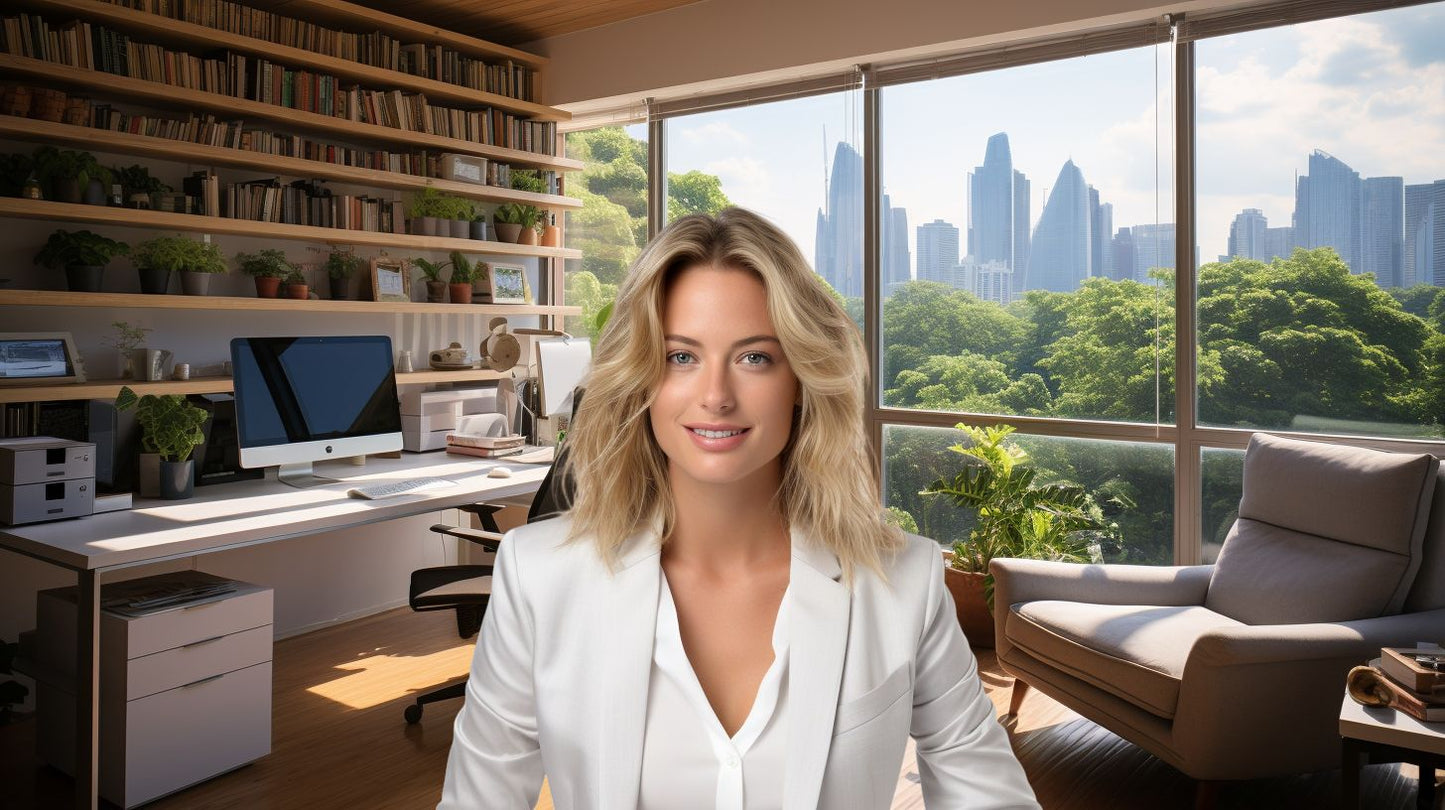 Urban Home Office - Serene Workspace Amidst Nature and City - Virtual Background Image for Zoom and Teams Meetings