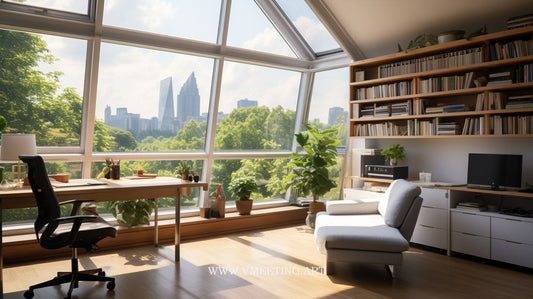 Cozy Home Office Overlooking Lush Tree Line Cityscape - Virtual Background Image for Zoom and Teams Meetings