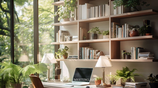 Cute Cozy Wooden Home Office with Vibrant Backyard Views - Virtual Background Image for Zoom and Teams Meetings