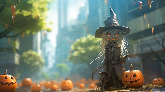 Adorable Witch and Gleaming Pumpkins - Virtual Background Image for Zoom and Teams Meetings