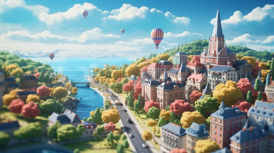 Balloons Over Cartoonville Digital Townscape Fantasy - Virtual Background Image for Zoom and Teams Meetings