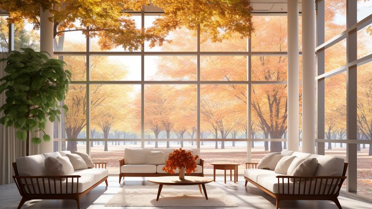 Autumn Gaze: Modern Minimalist Living Space with Fall Forest Views - V ...