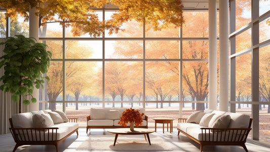 Autumn Gaze: Modern Minimalist Living Space with Fall Forest Views - Virtual Background Image for Zoom and Teams Meetings
