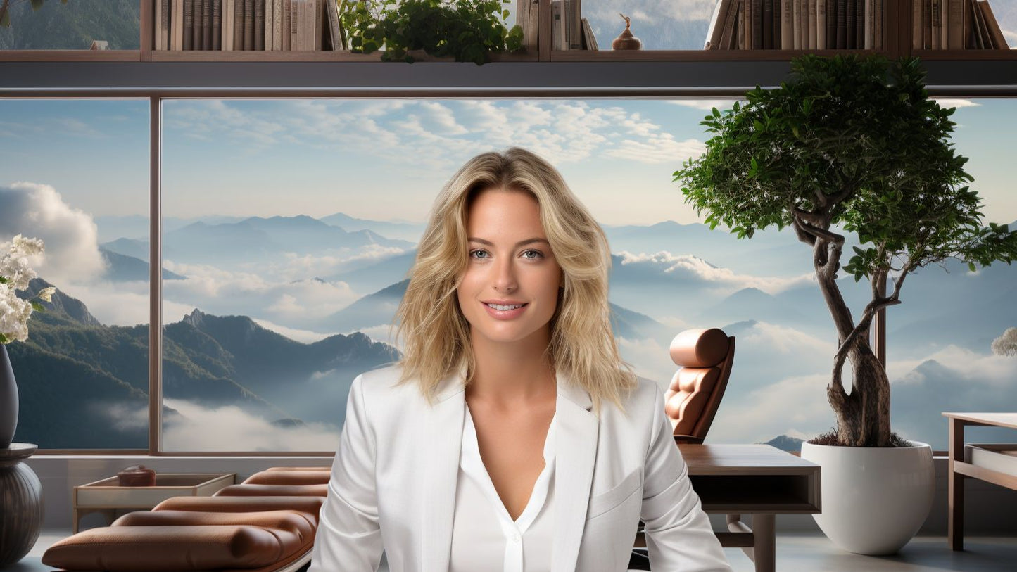 Misty Mountain Gaze: Peak View Home Office - Virtual Background Image for Zoom and Teams Meetings