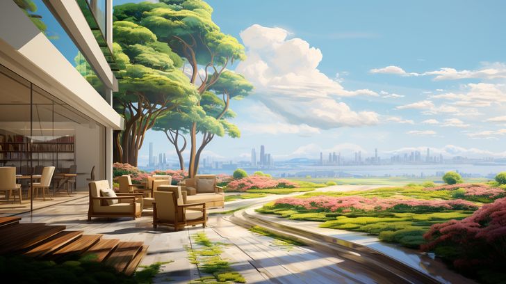 Urban Oasis: Tranquil Patio View - Virtual Background Image for Zoom and Teams Meetings