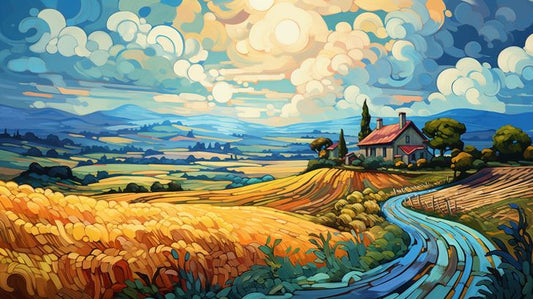 Golden Harvest Dream: A Van Gogh-Influenced Farm Panorama: Virtual Background Image for Zoom and Teams Meetings