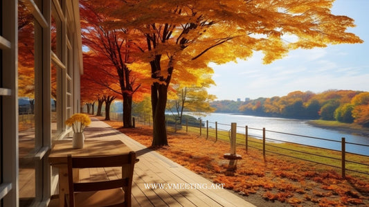 Autumn Tranquility: Riverside Desk in Warm Light - Virtual Background Image for Zoom and Teams Meetings