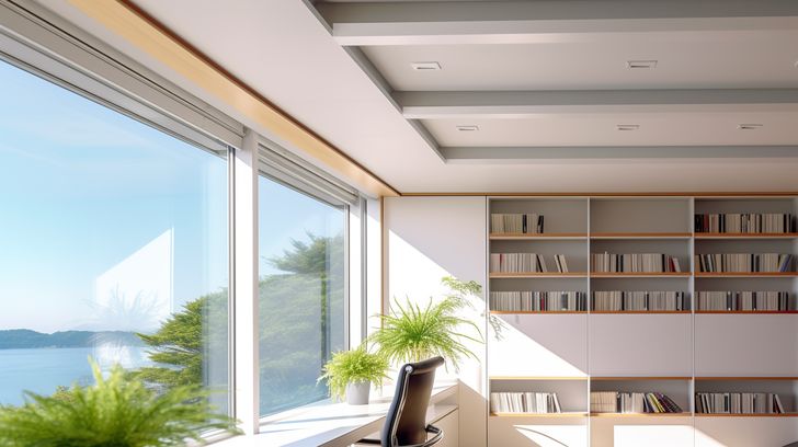 Panoramic Serenity: Lush Ocean View Office Virtual Background Image for Zoom and Teams Meetings